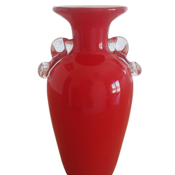 Franz Welz Czech Bohemian Red White Blown Glass Vase W/ Embossed Feather Handles - Picture 2 of 6